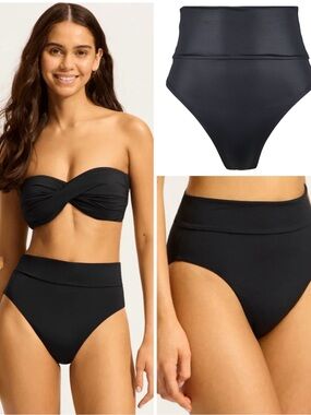 NWT Seafolly Roll Top High Waisted Bikini Bottom Black Wet Look Faux Leather 8